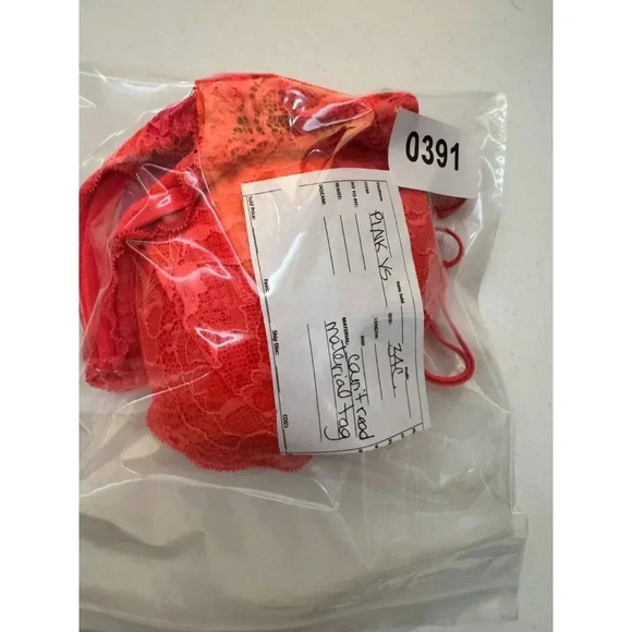 Pink Victorias Secret Bra Neon Orange 34C Floral Lace Front Closure Underwire - Picture 6 of 6